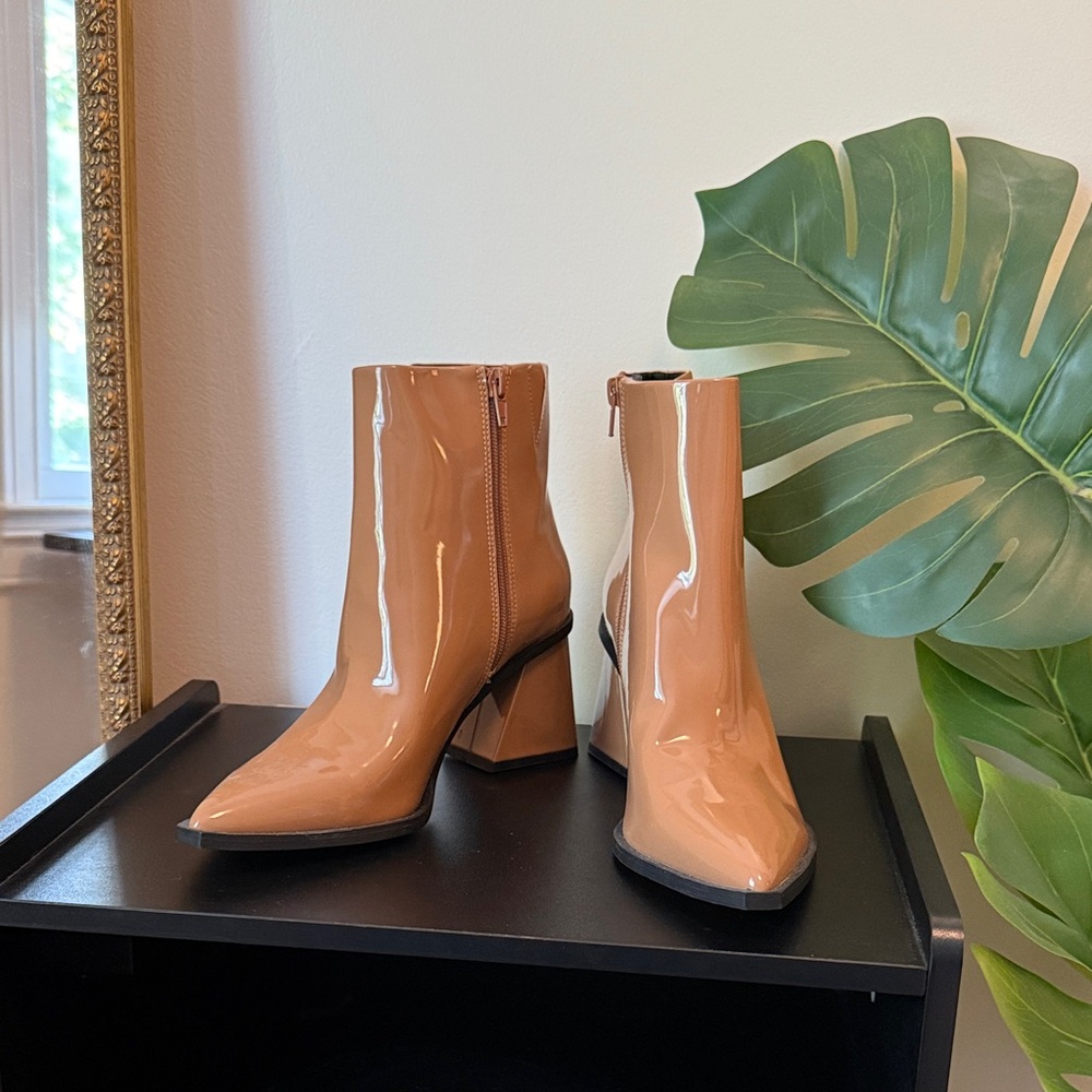 Chic Tan Patent Ankle Booties
